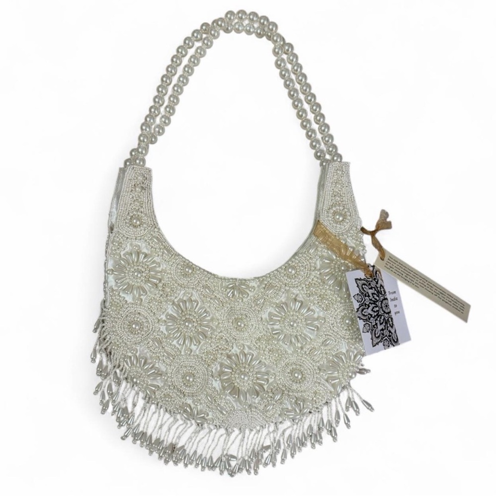 Elegant White Ibiza Pearl Beaded Shoulder Bag